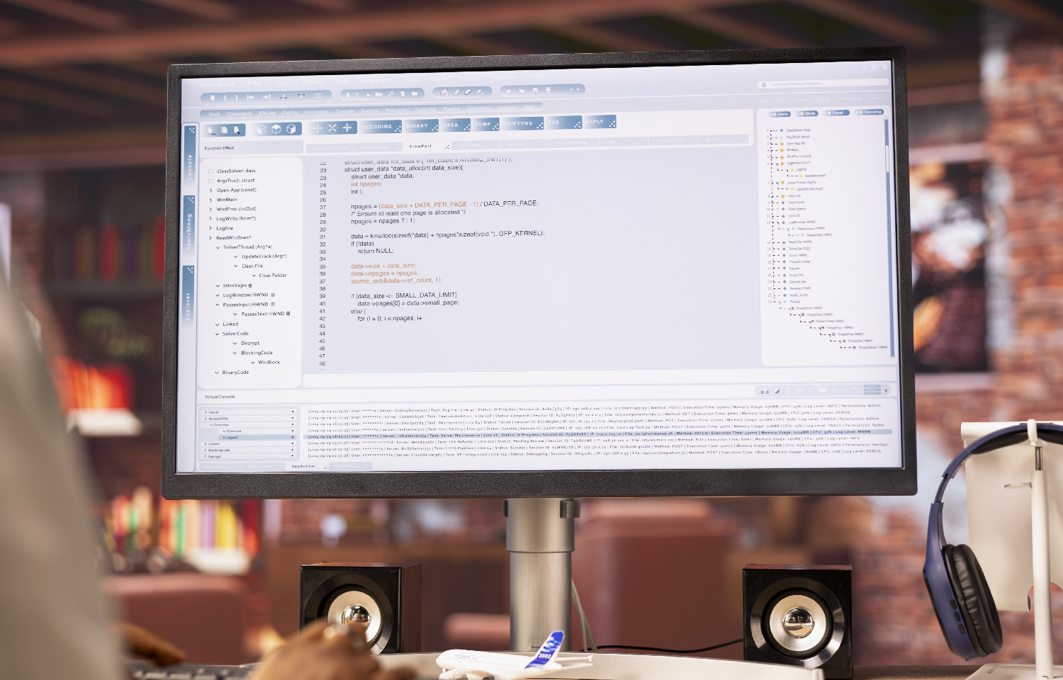 Coder at workstation programming on computer, writing lines of code, using development tools. Woman in home office trying to to finish debugging software before deadline, close up on PC monitor